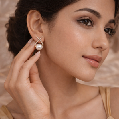 Korean Studded Cross Pearl Stud Earrings