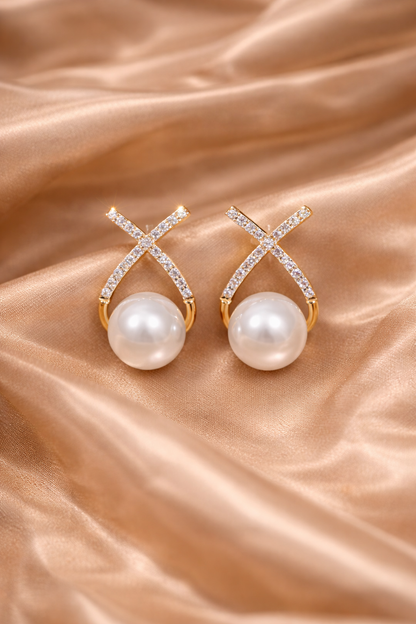 Korean Studded Cross Pearl Stud Earrings