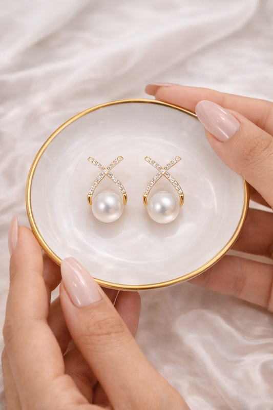 Korean Studded Cross Pearl Stud Earrings